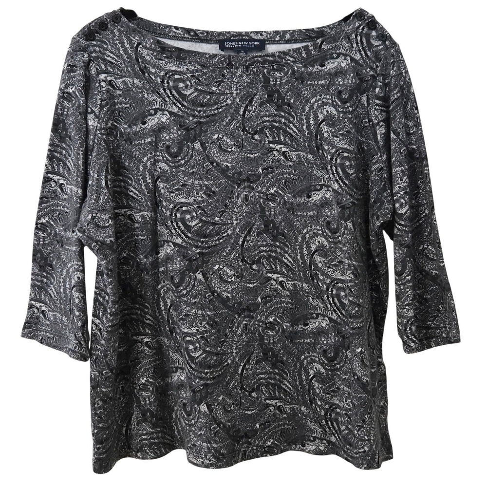 Jones New York Signature Paisley Boat‎ Neck 3/4 Sleeve Cotton Top Black White 1X